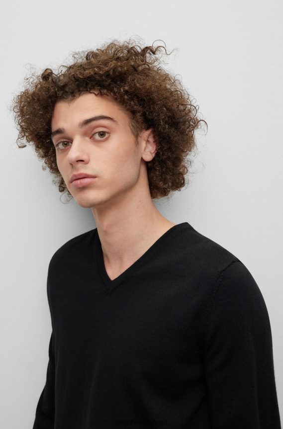 4TFNJN2254 أسود Hugo Boss سترة ضيقة برقبة على شكل حرف V من الصوف البكر باللون الأسود