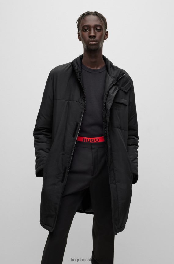 4TFNJN2255 أسود Hugo Boss معطف هوغو أسود مبطن مقاوم للماء مع شعارات مكدسة