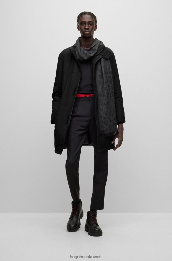 4TFNJN2255 أسود Hugo Boss معطف هوغو أسود مبطن مقاوم للماء مع شعارات مكدسة