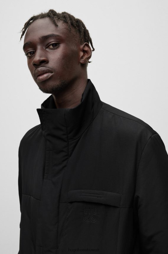 4TFNJN2255 أسود Hugo Boss معطف هوغو أسود مبطن مقاوم للماء مع شعارات مكدسة
