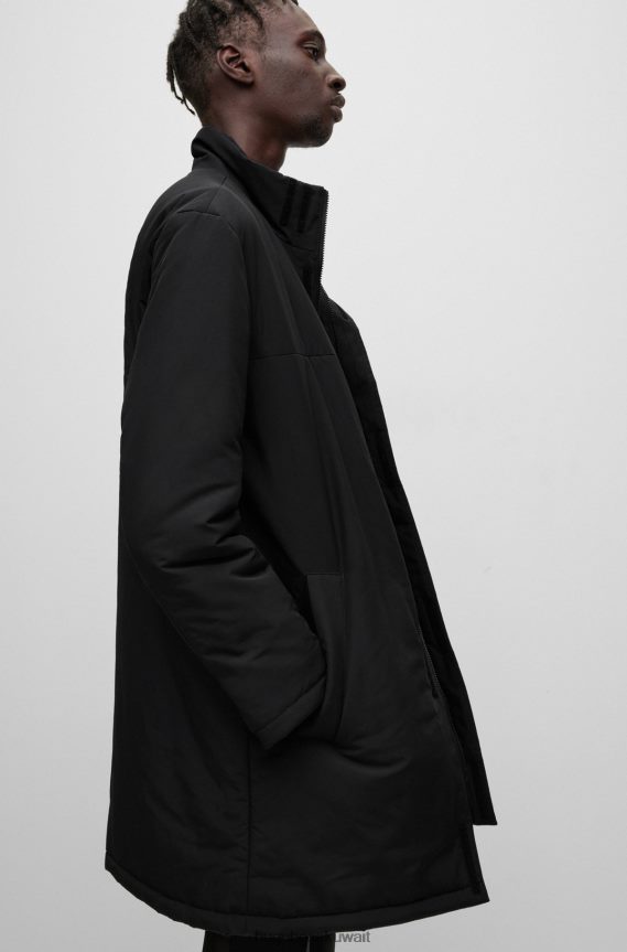 4TFNJN2255 أسود Hugo Boss معطف هوغو أسود مبطن مقاوم للماء مع شعارات مكدسة
