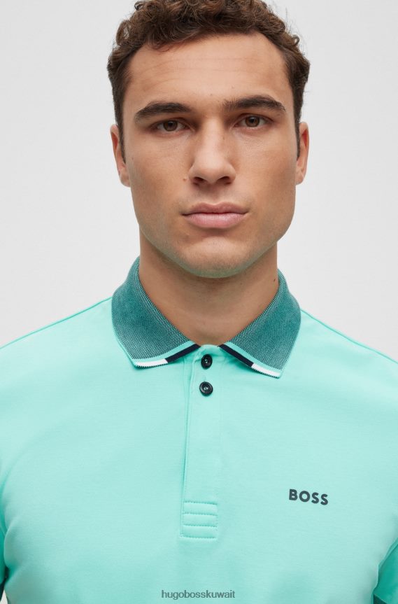 4TFNJN2262 أزرق فاتح Hugo Boss قميص بولو من القطن المتشابك مع ياقة منظمة وشعار هوغو باللون الأزرق الفاتح