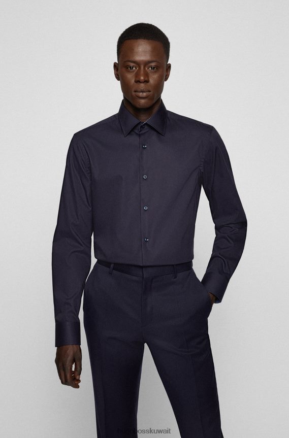 4TFNJN2264 أزرق غامق Hugo Boss قميص Hugo ذو قصة ضيقة باللون الأزرق الداكن مصنوع من قماش البوبلين المصنوع من قطن بيما سهل الكي