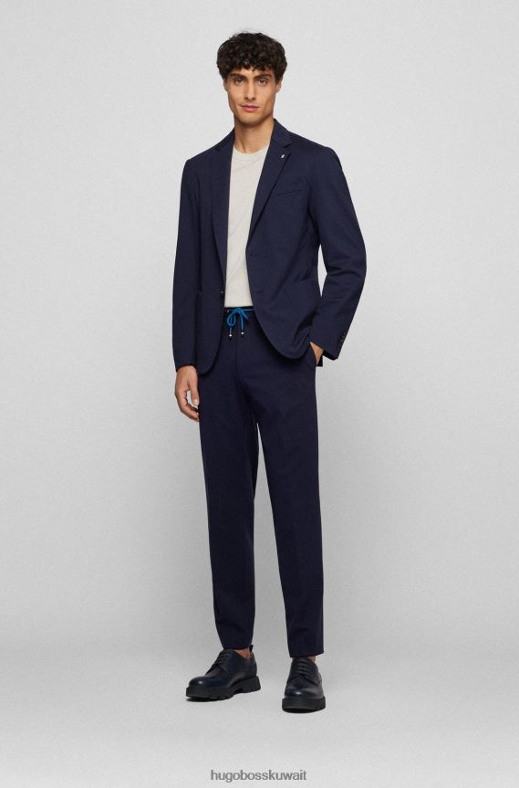 4TFNJN2269 أزرق غامق Hugo Boss بنطلون هوغو أزرق داكن بقصة ضيقة مصنوع من الجيرسيه المتشابك مع حزام خصر برباط