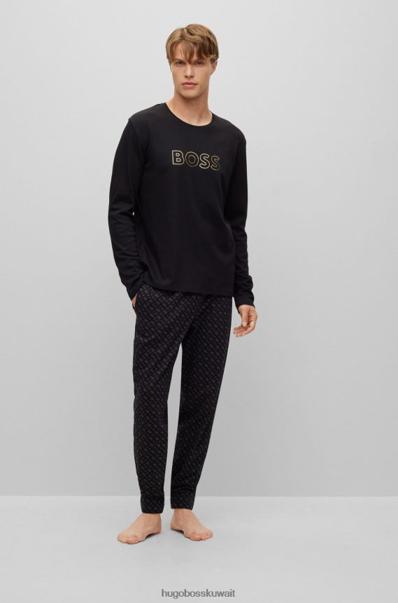 4TFNJN2272 أسود Hugo Boss بيجامة من القطن العضوي مع تفاصيل معدنية باللون الأسود