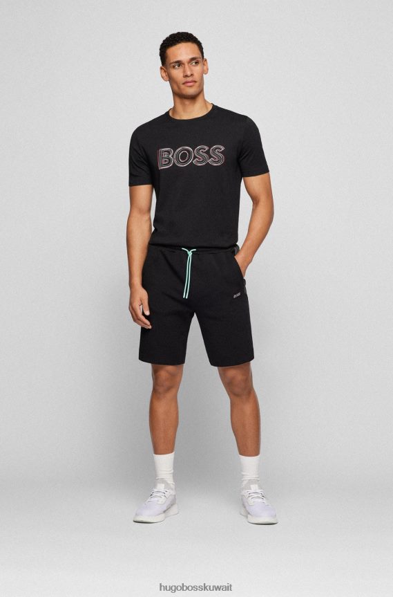 4TFNJN2279 أسود Hugo Boss شورت أسود من مزيج القطن بقصة عادية مع شعار Hugo متعدد الألوان