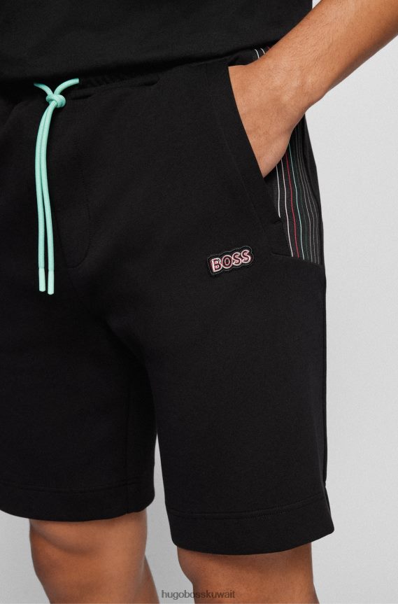 4TFNJN2279 أسود Hugo Boss شورت أسود من مزيج القطن بقصة عادية مع شعار Hugo متعدد الألوان