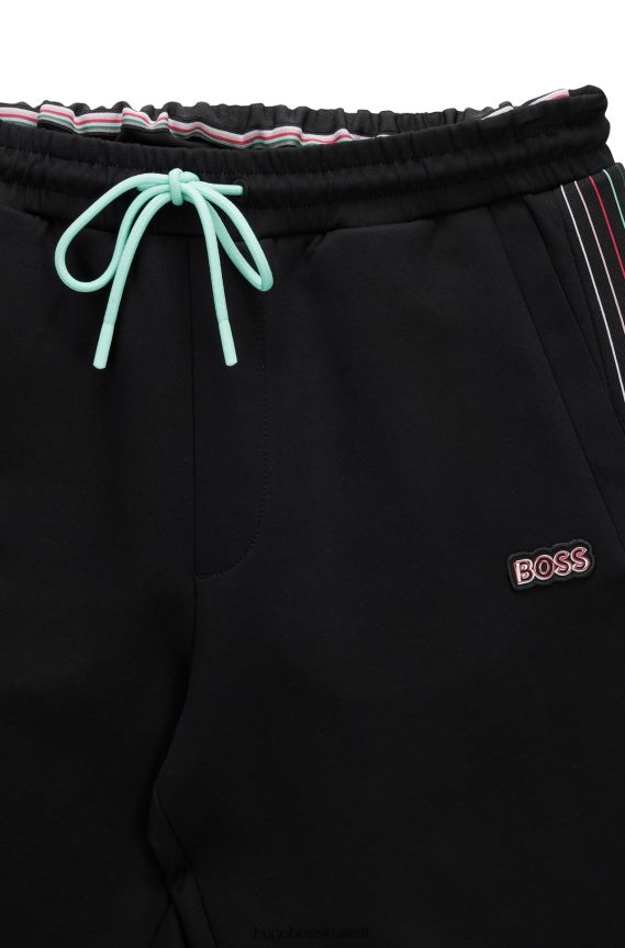 4TFNJN2279 أسود Hugo Boss شورت أسود من مزيج القطن بقصة عادية مع شعار Hugo متعدد الألوان