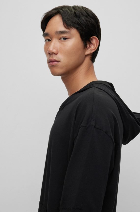 4TFNJN2283 أسود Hugo Boss هودي بغطاء للرأس برقبة متقاطعة من Hugo مصنوع من قطن الجيرسيه المطاطي باللون الأسود