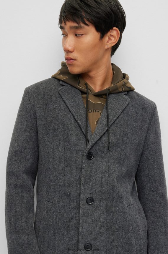 4TFNJN2285 الرمادي الداكن Hugo Boss معطف رسمي من مزيج الصوف باللون الرمادي الداكن مع أزرار باللون العاجي