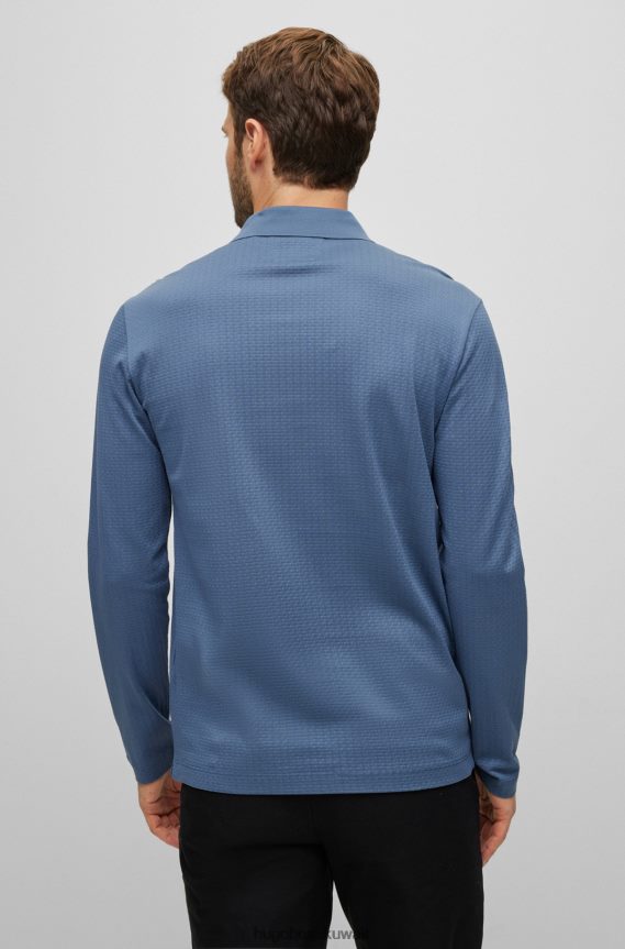 4TFNJN2288 أزرق Hugo Boss قميص بولو من القطن المرسيري باللون الأزرق من هوغو مع هيكل منسوج على شكل سلة
