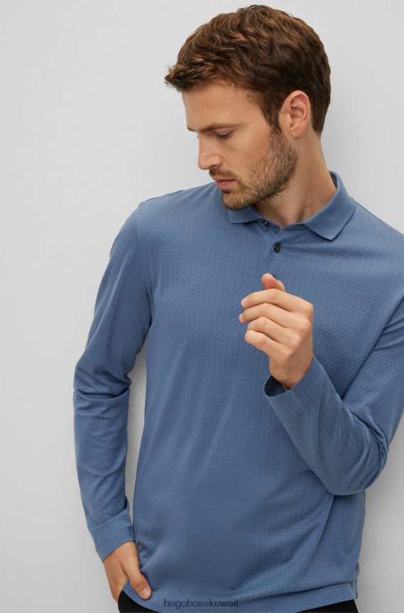4TFNJN2288 أزرق Hugo Boss قميص بولو من القطن المرسيري باللون الأزرق من هوغو مع هيكل منسوج على شكل سلة
