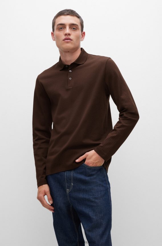 4TFNJN2289 بني Hugo Boss قميص بولو من هوغو مصنوع من القطن المرسيري مع هيكل منسوج على شكل سلة باللون البني