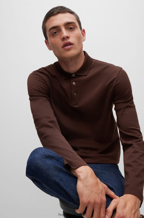 4TFNJN2289 بني Hugo Boss قميص بولو من هوغو مصنوع من القطن المرسيري مع هيكل منسوج على شكل سلة باللون البني
