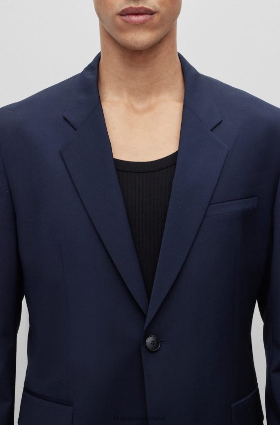 4TFNJN2295 أزرق غامق Hugo Boss بدلة Hugo باللون الأزرق الداكن ذات التصميم الحديث من مزيج من الصوف البكر عالي الأداء