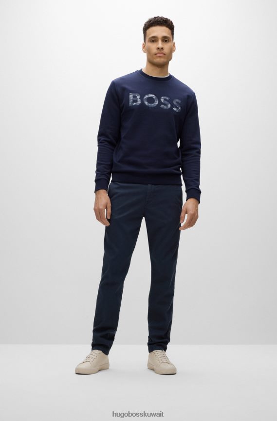 4TFNJN2305 أزرق غامق Hugo Boss بنطال بقصّة مدببة مصنوع من قماش هوغو المصنوع من مزيج القطن على شكل قرص العسل باللون الأزرق الداكن