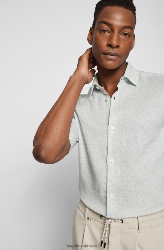 4TFNJN2310 اخضر فاتح Hugo Boss قميص Hugo ذو المقاس العادي مصنوع من الكتان المطبوع بلون شامبراي باللون الأخضر الفاتح