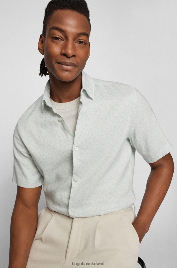 4TFNJN2310 اخضر فاتح Hugo Boss قميص Hugo ذو المقاس العادي مصنوع من الكتان المطبوع بلون شامبراي باللون الأخضر الفاتح