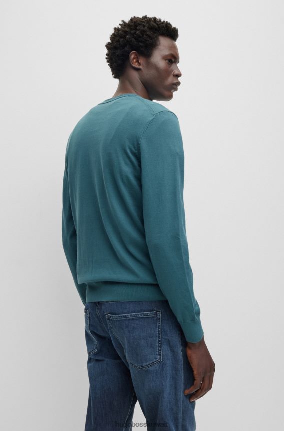 4TFNJN2313 الفيروز Hugo Boss سترة برقبة على شكل حرف V من القطن العضوي مع شعار هوغو مطرز باللون الفيروزي