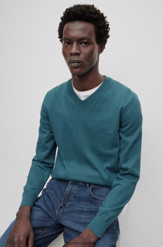 4TFNJN2313 الفيروز Hugo Boss سترة برقبة على شكل حرف V من القطن العضوي مع شعار هوغو مطرز باللون الفيروزي