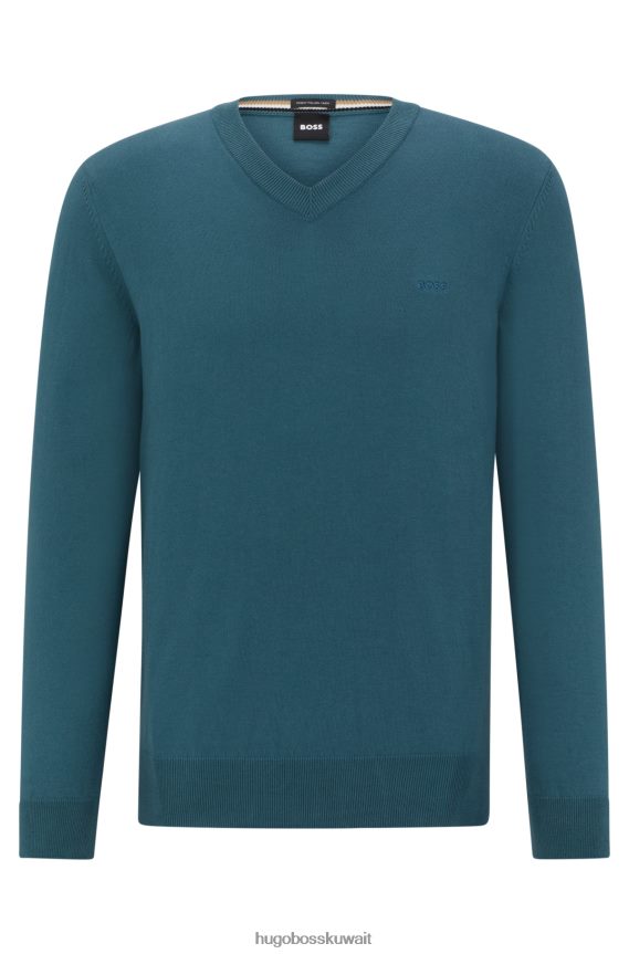 4TFNJN2313 الفيروز Hugo Boss سترة برقبة على شكل حرف V من القطن العضوي مع شعار هوغو مطرز باللون الفيروزي