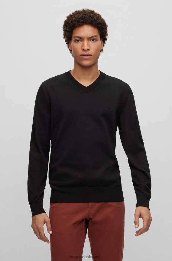 4TFNJN2314 أسود Hugo Boss سترة هوغو سوداء برقبة على شكل حرف V من القطن العضوي مع شعار مطرز