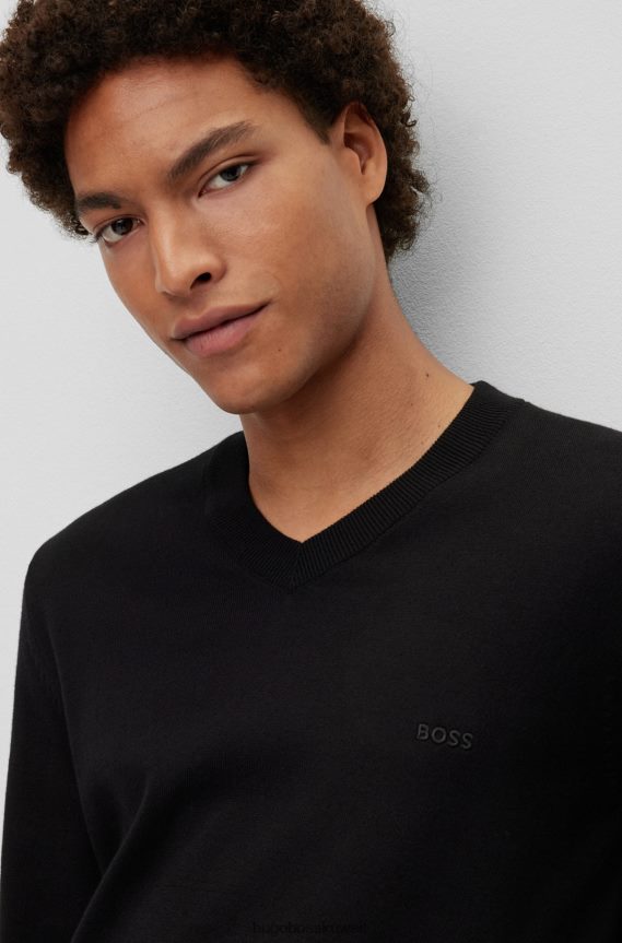 4TFNJN2314 أسود Hugo Boss سترة هوغو سوداء برقبة على شكل حرف V من القطن العضوي مع شعار مطرز