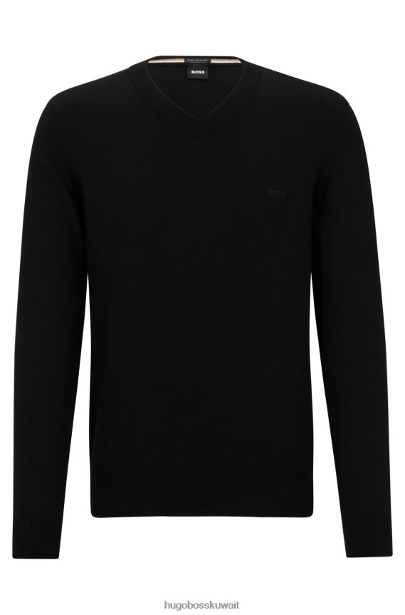 4TFNJN2314 أسود Hugo Boss سترة هوغو سوداء برقبة على شكل حرف V من القطن العضوي مع شعار مطرز