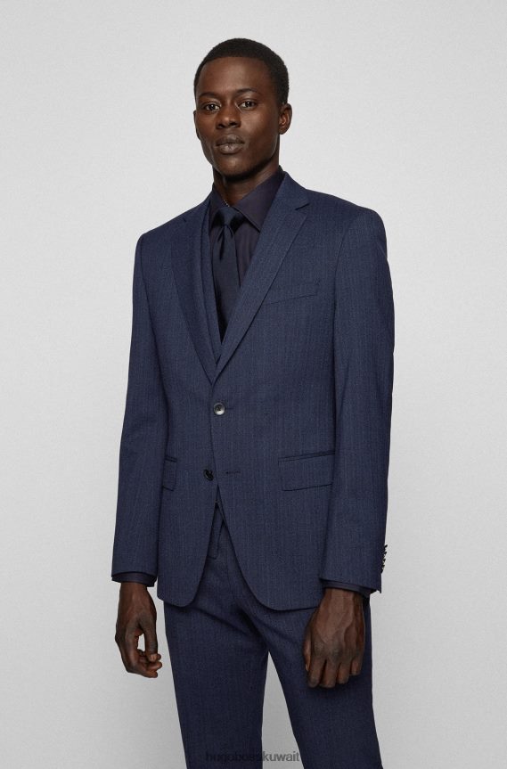 4TFNJN2316 أزرق غامق Hugo Boss بدلة هوغو من ثلاث قطع بقصة ضيقة من الصوف البكر المطاطي باللون الأزرق الداكن