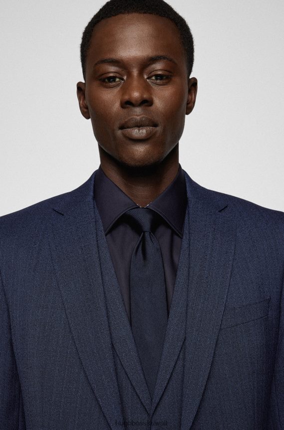 4TFNJN2316 أزرق غامق Hugo Boss بدلة هوغو من ثلاث قطع بقصة ضيقة من الصوف البكر المطاطي باللون الأزرق الداكن