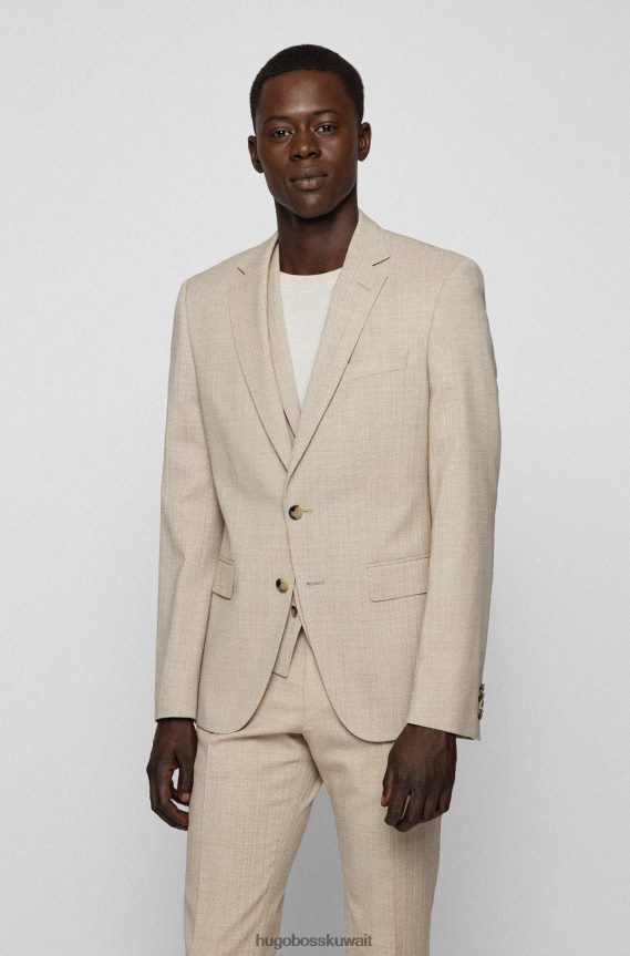 4TFNJN2317 اللون البيج Hugo Boss بدلة ضيقة مكونة من ثلاث قطع من الصوف البكر المطاطي باللون البيج