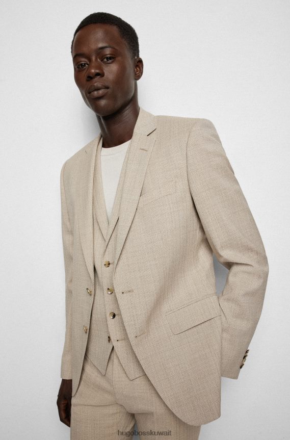 4TFNJN2317 اللون البيج Hugo Boss بدلة ضيقة مكونة من ثلاث قطع من الصوف البكر المطاطي باللون البيج