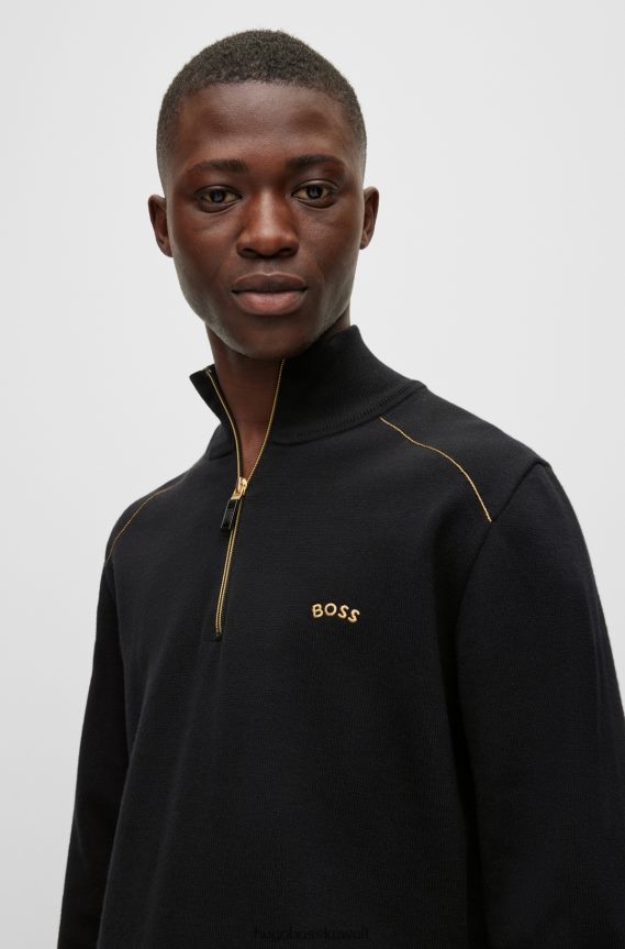 4TFNJN2318 أسود Hugo Boss سترة سوداء بشعار الماركة مع سحاب في الرقبة من القطن والصوف هوغو