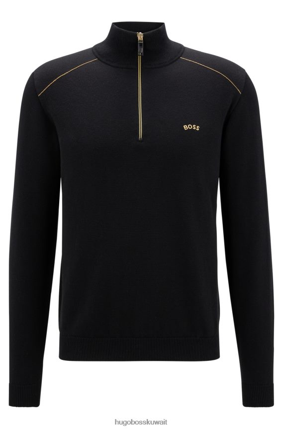 4TFNJN2318 أسود Hugo Boss سترة سوداء بشعار الماركة مع سحاب في الرقبة من القطن والصوف هوغو