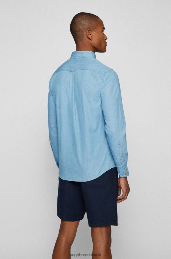 4TFNJN2319 أزرق فاتح Hugo Boss قميص بقصة ضيقة وأزرار سفلية من قماش الدنيم القطني العضوي باللون الأزرق الفاتح