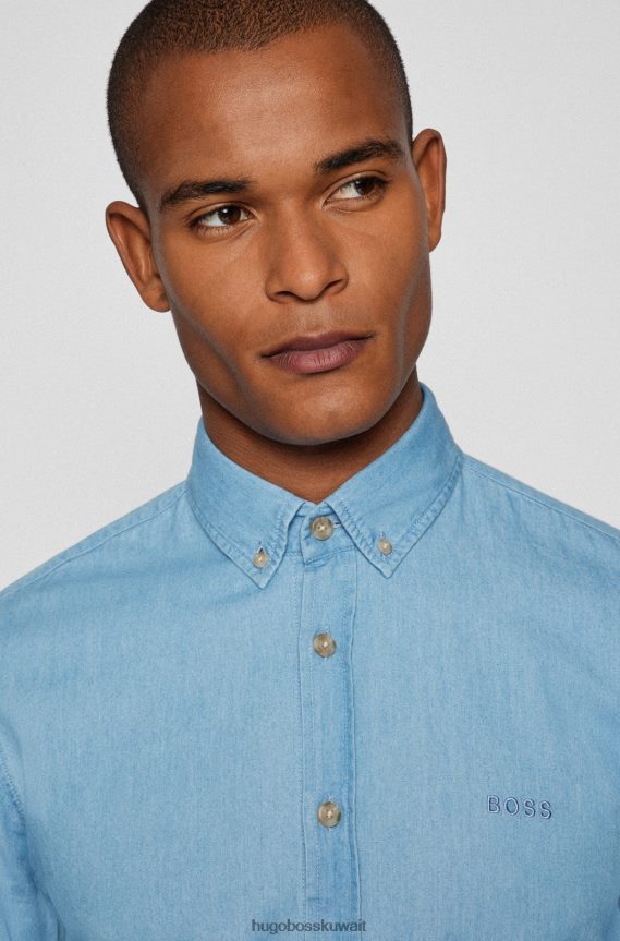 4TFNJN2319 أزرق فاتح Hugo Boss قميص بقصة ضيقة وأزرار سفلية من قماش الدنيم القطني العضوي باللون الأزرق الفاتح