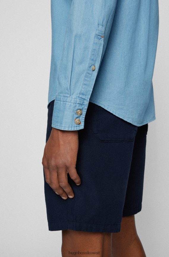 4TFNJN2319 أزرق فاتح Hugo Boss قميص بقصة ضيقة وأزرار سفلية من قماش الدنيم القطني العضوي باللون الأزرق الفاتح