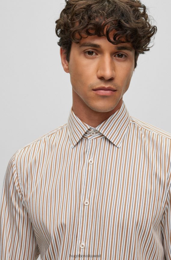 4TFNJN2325 اللون البيج Hugo Boss قميص Hugo غير الرسمي مصنوع من القطن المطاطي المخطط باللون البيج