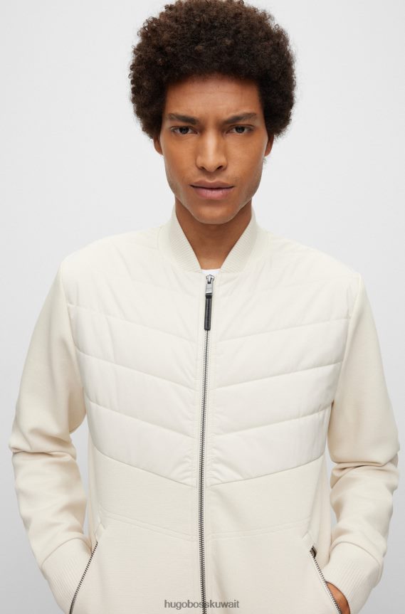 4TFNJN2328 أبيض Hugo Boss سويت شيرت هجين بسحاب من مزيج القطن مع حرير هوغو الأبيض