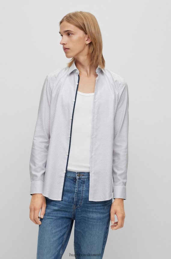 4TFNJN2333 أبيض Hugo Boss قميص بقصّة ضيّقة مصنوع من قماش هوغو القطني المطبوع هندسيًا باللون الأبيض