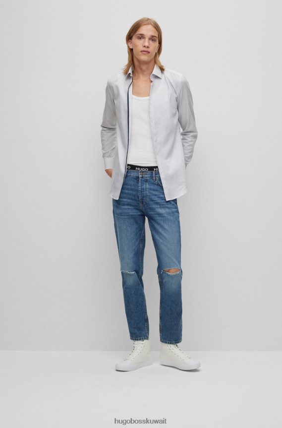 4TFNJN2333 أبيض Hugo Boss قميص بقصّة ضيّقة مصنوع من قماش هوغو القطني المطبوع هندسيًا باللون الأبيض