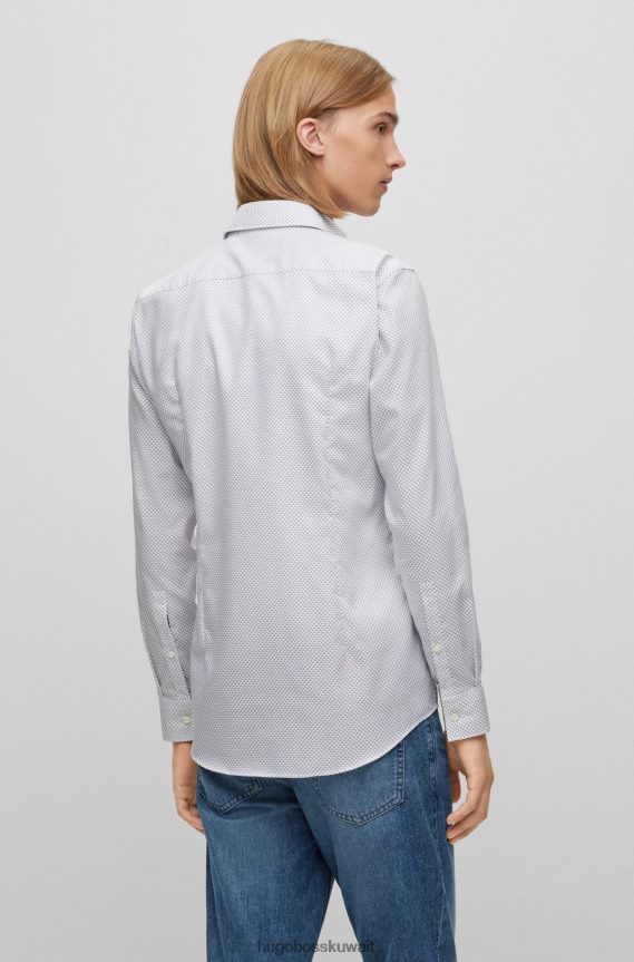 4TFNJN2333 أبيض Hugo Boss قميص بقصّة ضيّقة مصنوع من قماش هوغو القطني المطبوع هندسيًا باللون الأبيض