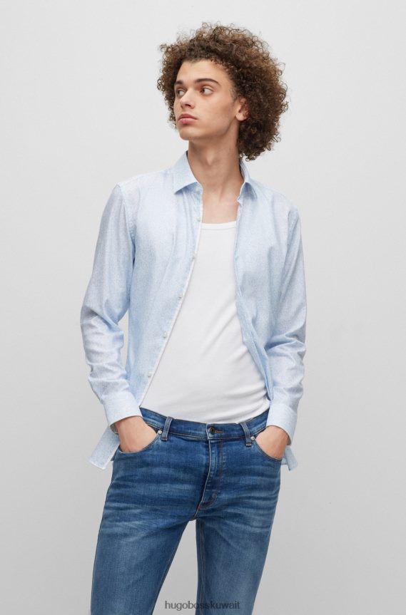 4TFNJN2334 أزرق فاتح Hugo Boss قميص أزرق فاتح بقصة ضيقة مصنوع من قماش هوغو القطني المطبوع هندسيًا