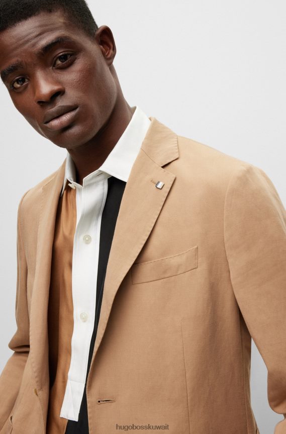 4TFNJN2339 اللون البيج Hugo Boss سترة ضيقة مع دبوس طية صدر السترة مخطط باللون البيج