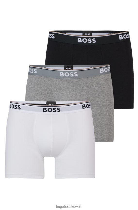 4TFNJN2345 أبيض / رمادي / أسود Hugo Boss حزمة من ثلاثة سراويل داخلية من القطن المطاطي مع شعار هوغو باللون الأبيض