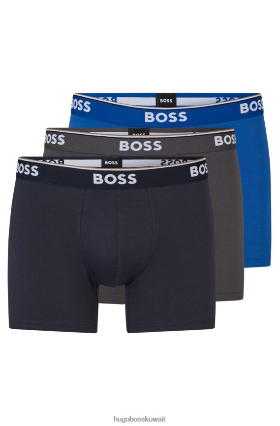 4TFNJN2346 أسود/رمادي/أزرق Hugo Boss حزمة من ثلاث سراويل داخلية من القطن المطاطي مع شعار Hugo باللون الأسود