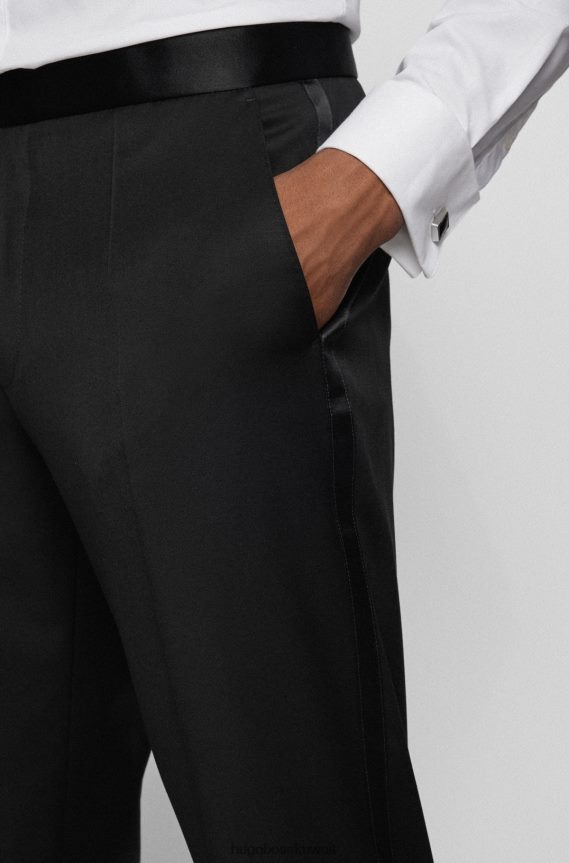 4TFNJN2351 أسود Hugo Boss بنطلون توكسيدو بقصة عادية من الصوف البكر باللون الأسود هوغو
