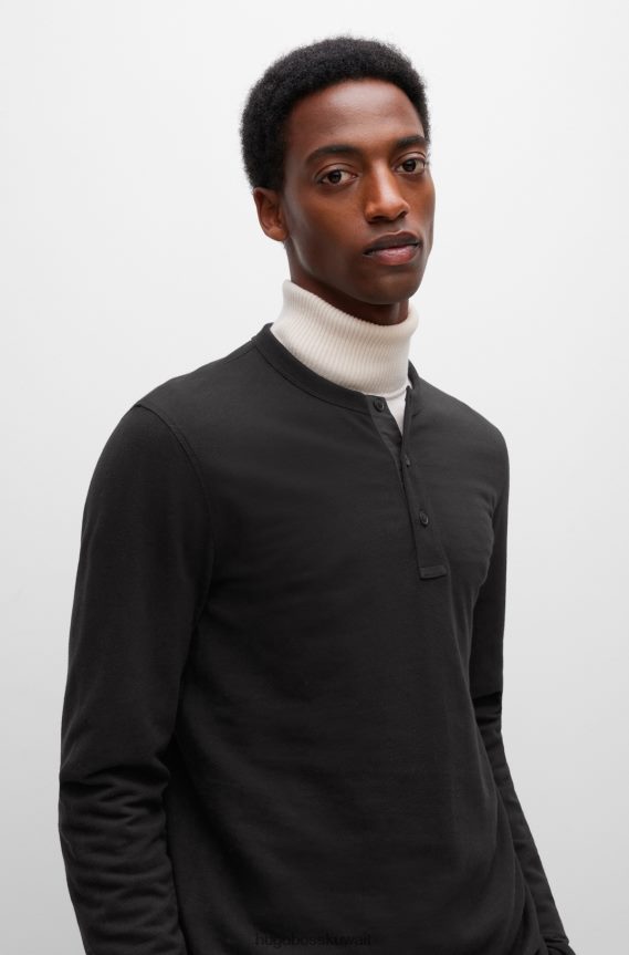 4TFNJN2356 أسود Hugo Boss تيشيرت Hugo برقبة هينلي بقصة عادية من قطن الجيرسيه باللون الأسود