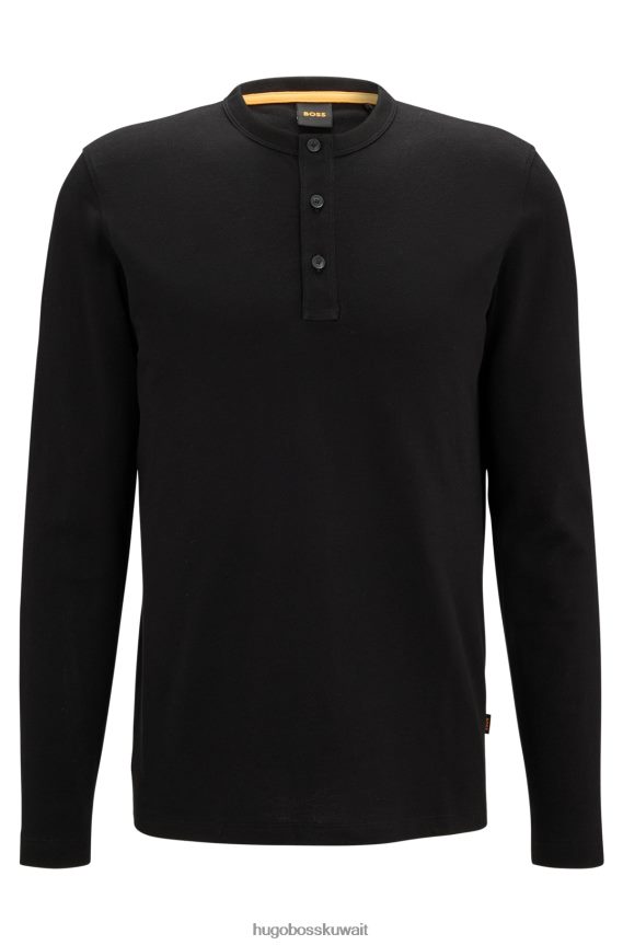 4TFNJN2356 أسود Hugo Boss تيشيرت Hugo برقبة هينلي بقصة عادية من قطن الجيرسيه باللون الأسود