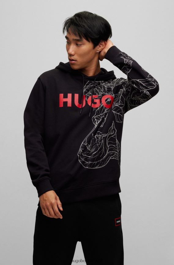 4TFNJN2369 أسود Hugo Boss هودي بشعار قطن تيري مع طباعة مستوحاة من الوشم باللون الأسود